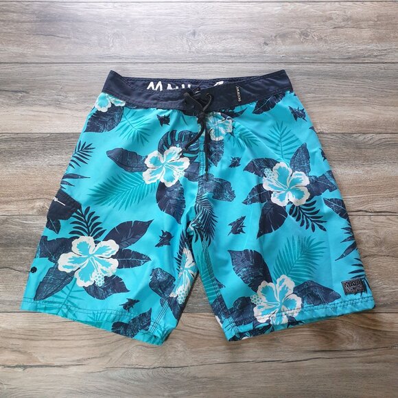 Maui Sons Men Blue Hawaiian Floral Swim Trunks Size 34 Board Shorts Pool Beach - Picture 1 of 8